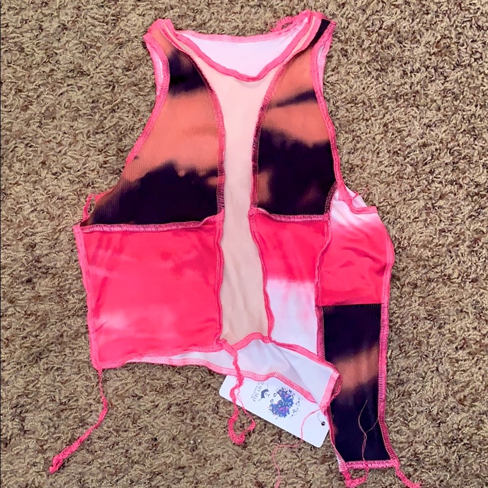 Super trendy pink patchwork/mesh asymmetrical top